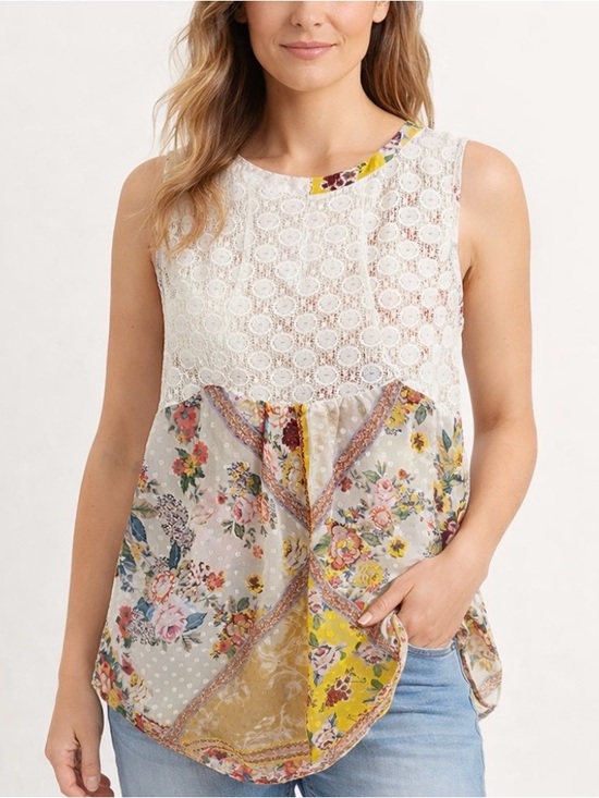 fig and flower Tops - Fig & Flower Sz M Bohemian Floral Patchwork Tank Lace Crochet Overlay Top